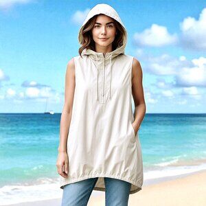 ZARA White Shirt Dress Tunic Top Hood Sleeveless Snap Cinch Hem Medium NEW